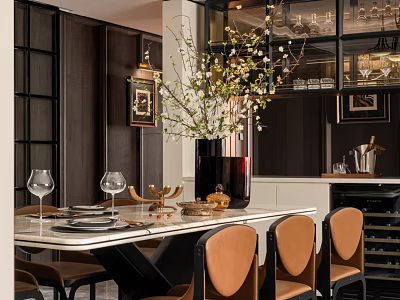 Elegant Restaurant Dining Area With Marble Table Chairs Vase Flowers And Dark Cabinets 3d model