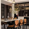 Elegant Restaurant Dining Area With Marble Table Chairs Vase Flowers And Dark Cabinets