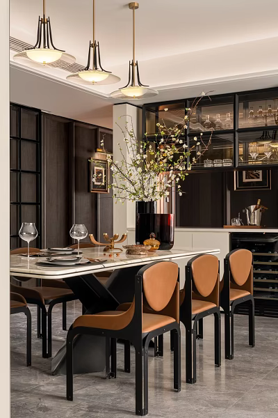 Elegant Restaurant Dining Area With Marble Table Chairs Vase Flowers And Dark Cabinets 3d model