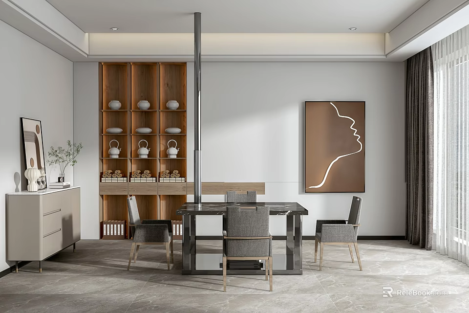 Modern Tea Room Interior With Table Chairs Display Shelves And Art 3d model