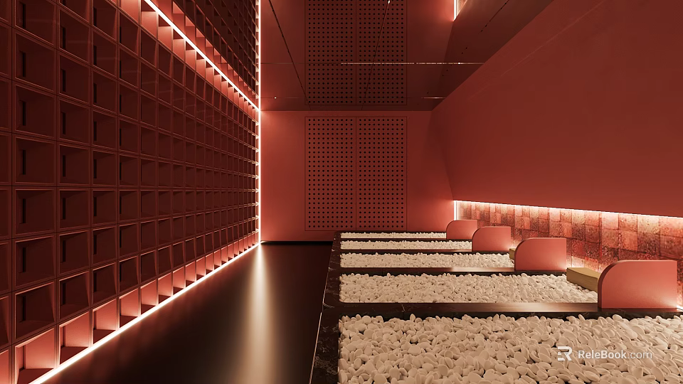 Modern Red Toned SPA Sauna Room With Stone Beds And Lighting 3d model 
