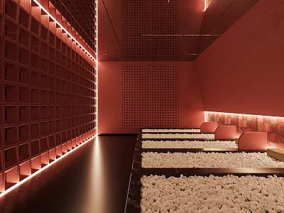 Modern Red Toned SPA Sauna Room With Stone Beds And Lighting 3d model