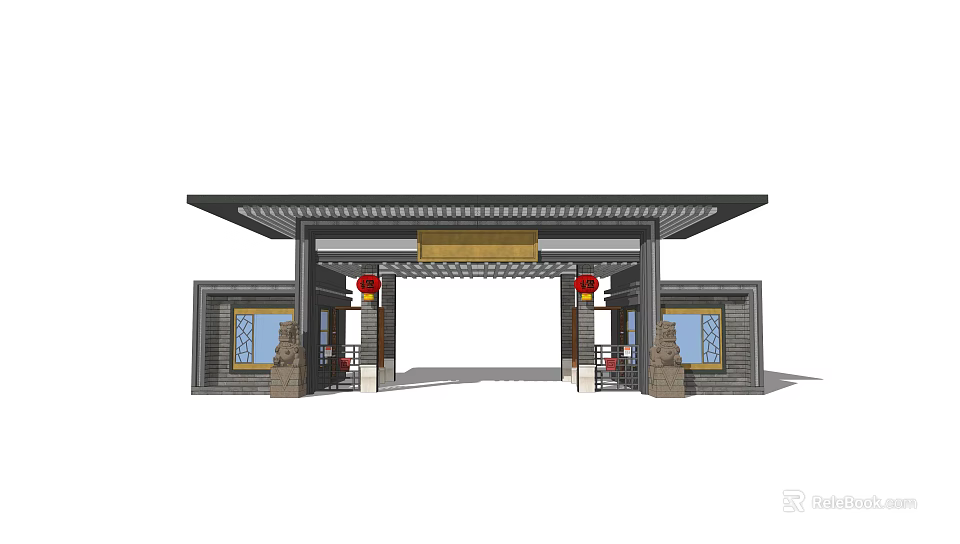 Traditional Chinese Entrance Gate With Wooden Roof Golden Plaque And Red Lanterns 3d model 