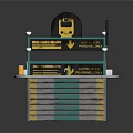 Subway Station Entrance Structure With Green Railings Yellow Signs And Lamp Posts