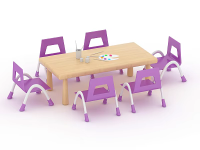 Wooden Kids Table With Six Purple Chairs And Art Supplies For Kids 3d model