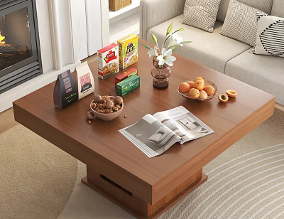 Wooden Coffee Table In Living Room With Magazine Nuts Oranges Vase And Snack Boxes 3d model