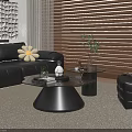 Modern Black Leather Sofa and Coffee Table Set With White Flower Glass Top Green Plant and Wooden Blinds