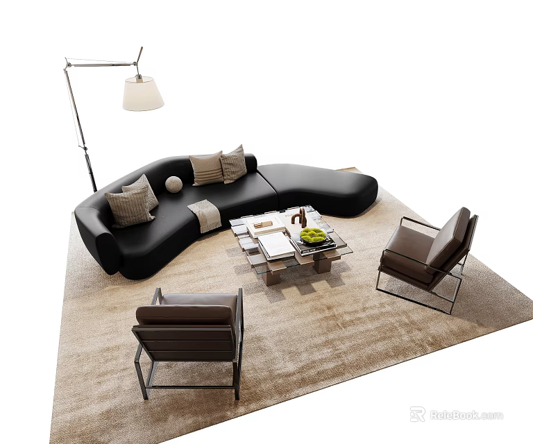 Modern Curved Sofa Coffee Table Set with Pillows Fruit Brown Chairs Floor Lamp and Rug 3d model 