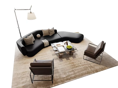 Modern Curved Sofa Coffee Table Set with Pillows Fruit Brown Chairs Floor Lamp and Rug 3d model