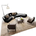 Modern Curved Sofa Coffee Table Set with Pillows Fruit Brown Chairs Floor Lamp and Rug
