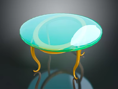Stylish Coffee Table With Round Light Green Glass Top And Golden Curved Legs 3d model
