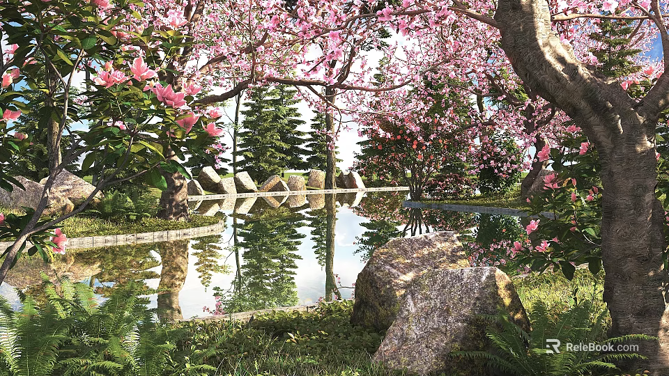 Flowering Trees with Pink Blossoms Reflecting in Pond Surrounded by Rocks and Green Grass 3d model 