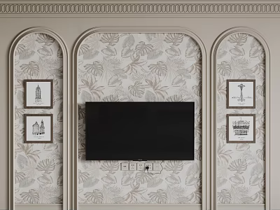 Elegant Bedroom Accent Wall With Arch Design Leaf Pattern Wallpaper And Decorative Frames 3d model