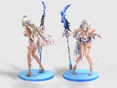 Game Female Character Statue With Long Blonde Hair Bikini Outfit Blue Weapon And Wings 3d model