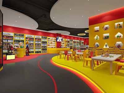 Specialty Store Interior with Red and Yellow Decor Shelves Filled with Products and Seating Area 3d model
