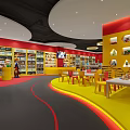 Specialty Store Interior with Red and Yellow Decor Shelves Filled with Products and Seating Area