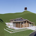 Modern Wooden Mountain Lodge with Large Windows Open Terrace and Green Hillside View
