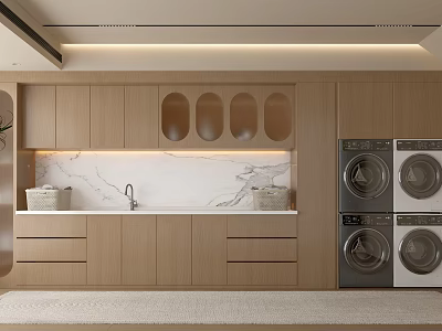 Modern Laundry Room Interior with Stacked Washer Dryer Sleek Wooden Cabinets and Marble Countertop 3d model