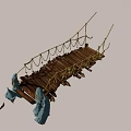 Wooden Suspension Bridge with Rope Railings and Blue Cloth Decorations