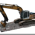 Yellow Liebherr Crawler Excavator With Front Bucket Working In Construction Debris Site