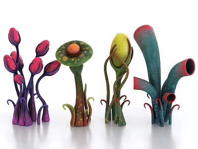 Colorful Unique Shaped Decorative Plants With Red Purple Green Stems And Trumpet Like Structures 3d model