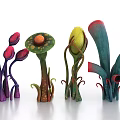 Colorful Unique Shaped Decorative Plants With Red Purple Green Stems And Trumpet Like Structures