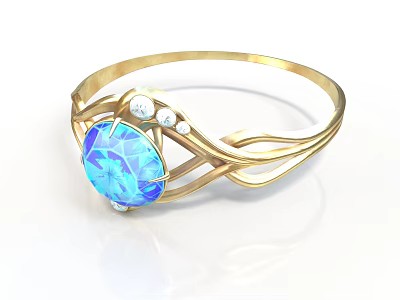 Elegant Gold Bracelet With Blue Gemstone And Small Diamonds Design 3d model