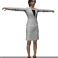 Woman In White Blazer And White Skirt With Arms Outstretched On Gray Background
