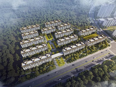 Aerial Planning of Residential Community with Multi Story Buildings Green Landscape and Roads 3d model
