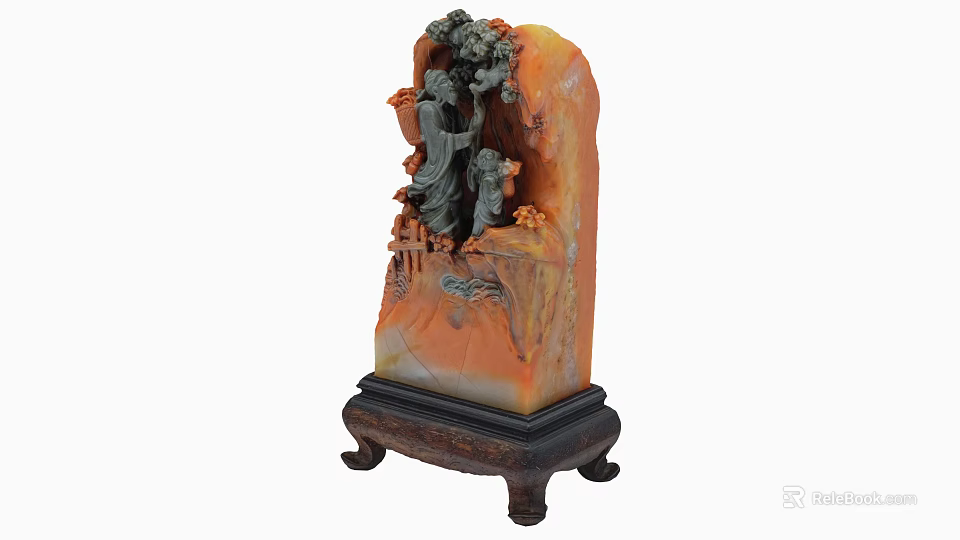 Intricate Traditional Multicolored Stone Sculpture With Detailed Carvings And Sturdy Wooden Base 3d model 
