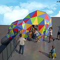 Colorful Geometric Slide Play Equipment On Rooftop With Safety Railings And Children