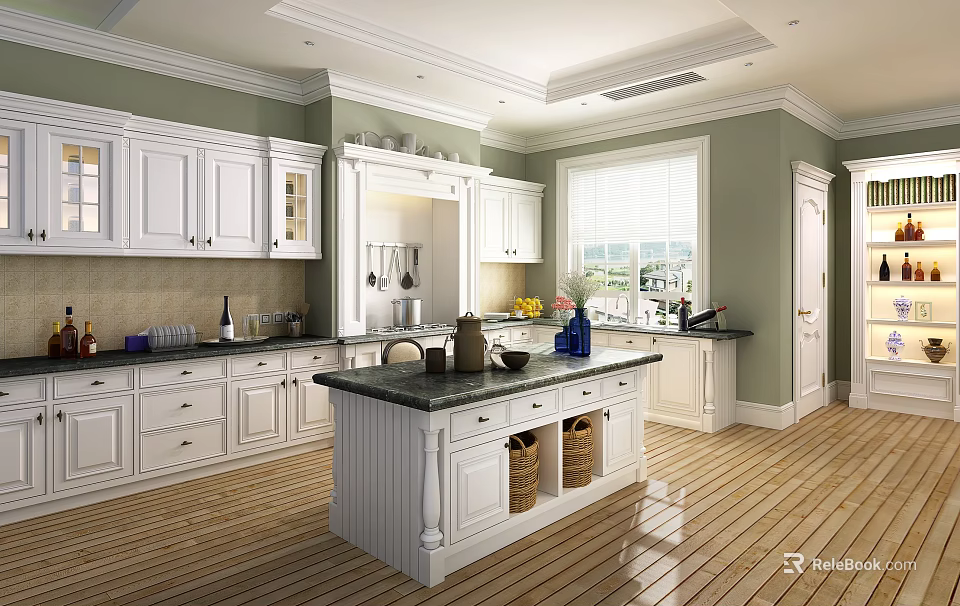 Bright White Kitchen Interior With Central Island Cabinets Wooden Flooring And Window 3d model 