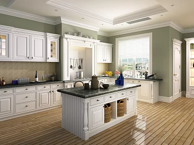 Bright White Kitchen Interior With Central Island Cabinets Wooden Flooring And Window 3d model