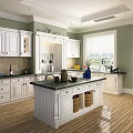 Bright White Kitchen Interior With Central Island Cabinets Wooden Flooring And Window