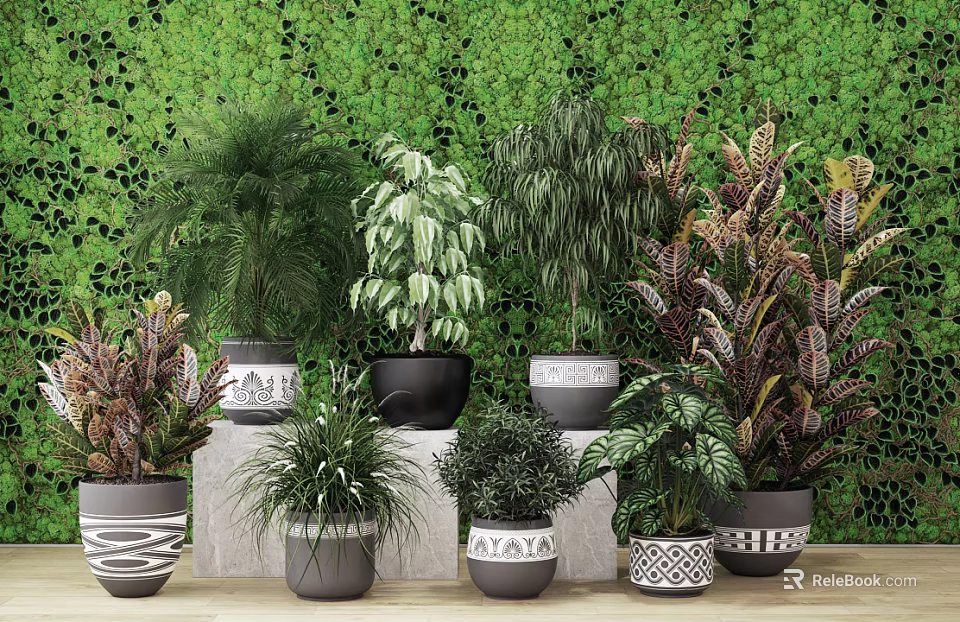 Varied Bonsai Potted Plants In Decorative Pots On Stone Platforms With Green Mosaic Wall 3d model 
