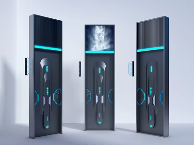 Futuristic Vertical Devices With Display Screen And Blue Light Accents 3d model