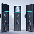Futuristic Vertical Devices With Display Screen And Blue Light Accents 3d model