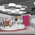 Colorful Figurine Display Area With Circular Platform And Hexagonal Pendant Lights 3d model