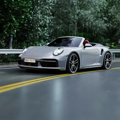 Silver Porsche Convertible Front View on Road with Yellow Lines and Green Trees 3d model