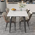 Elegant Modern Restaurant Dining Area With Marble Dining Table And Beige Chairs And Kitchen Appliances