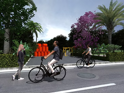 People Walking And Cycling On Road With Palm Trees Purple Flowering Shrubbery And Orange Barrels 3d model