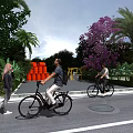 People Walking And Cycling On Road With Palm Trees Purple Flowering Shrubbery And Orange Barrels