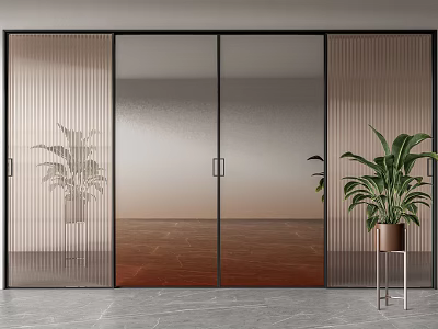 Modern Glass Sliding Doors With Ribbed Glass Panels And Potted Plants On Wooden Floor 3d model