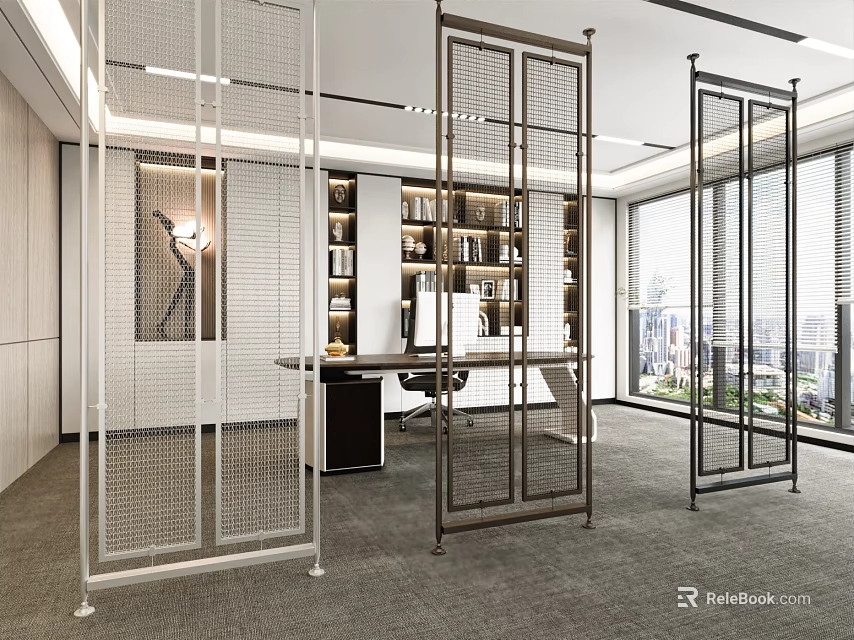 Metal Mesh Room Dividers In Modern Office Interior With Desk Bookshelf And Window View 3d model 