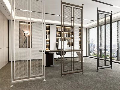 Metal Mesh Room Dividers In Modern Office Interior With Desk Bookshelf And Window View 3d model