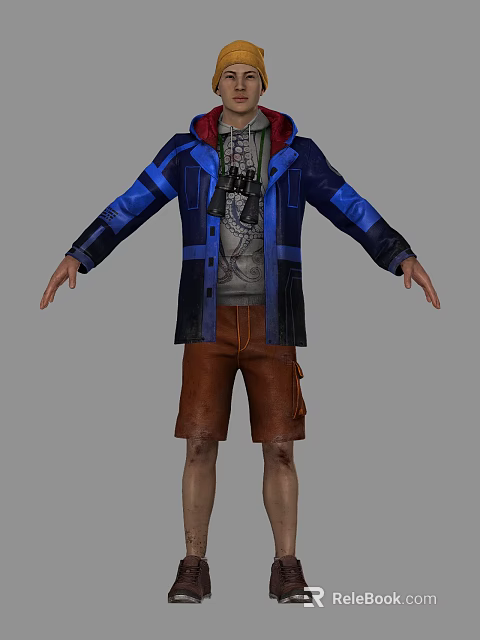 Man Wearing Blue And Black Jacket Gray T-Shirt With Binoculars Around Neck And Brown Shorts 3d model 