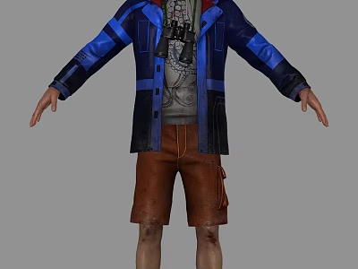 Man Wearing Blue And Black Jacket Gray T-Shirt With Binoculars Around Neck And Brown Shorts 3d model