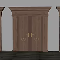 Elegant Brown Double Doors Featuring Golden Handles And Classical Design Elements 3d model