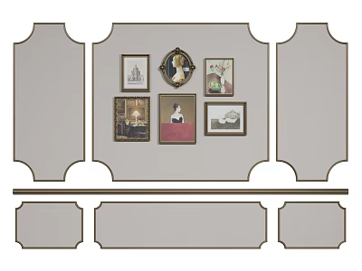 Elegant Decorative Lines Wall Paneling With Framed Artworks And Classic Layout 3d model