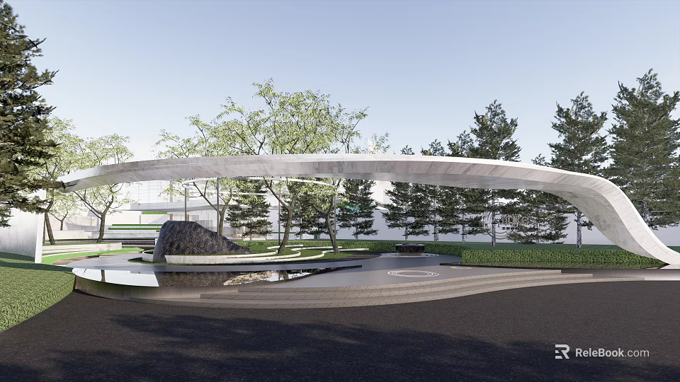 Modern Curved Entrance Gate Design With Trees Water Feature And Pathway 3d model 